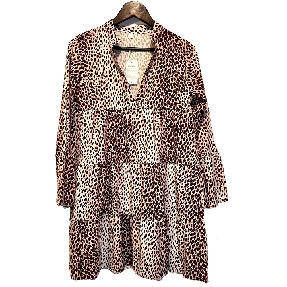 Leopard Print Tiered Mini Dress Womens Small Ruffle Swing Boho Long Sleeve NWT - Picture 1 of 5